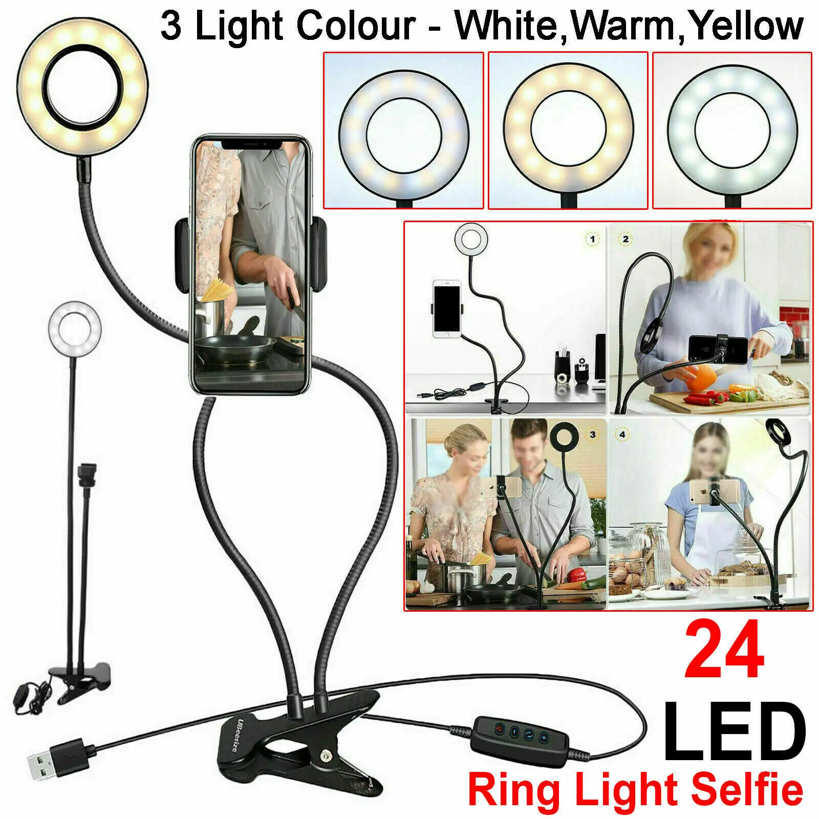 

Long Arm 24 LED Ring Light Selfie Phone Holder For Camera Flash Clip Fill Stand