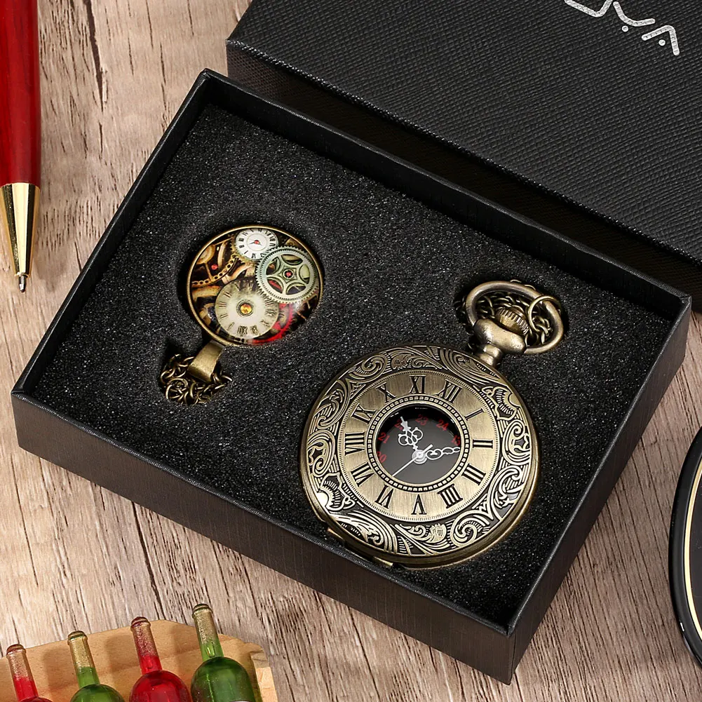 Men Classic Black Pocket Watch Quartz Roman Numeral Dial Clock Alloy Fob Chain Women's Pendant Nostalgic Gift Set for Boyfriend