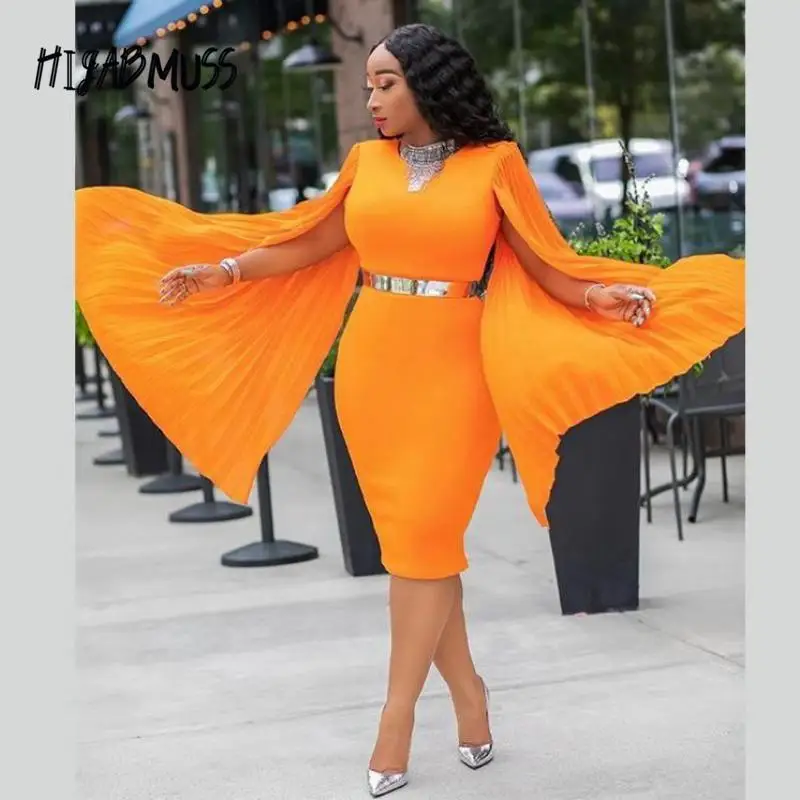 

Summer Dresses 2021 African Women Dresses Street Pleated Sleeves With Belt High Elasticity Plus Size Midi Dress Female Clothing