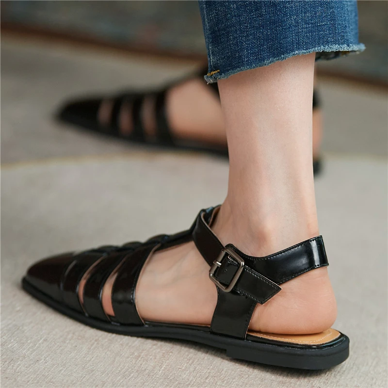 

COVIBESCO Retro Concise Rome Style Women Sandals Working Casual Square Toe Flats 2021 Summer New Arrival Buckle Shoes Woman
