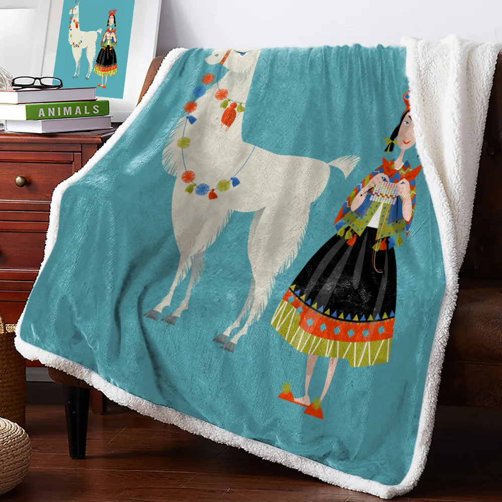 Comic Alpaca Female Traditional Cartoon Velvet Home Sofa Watching Blanket Sherpa Warm Fleece Travel Quilt | Дом и сад