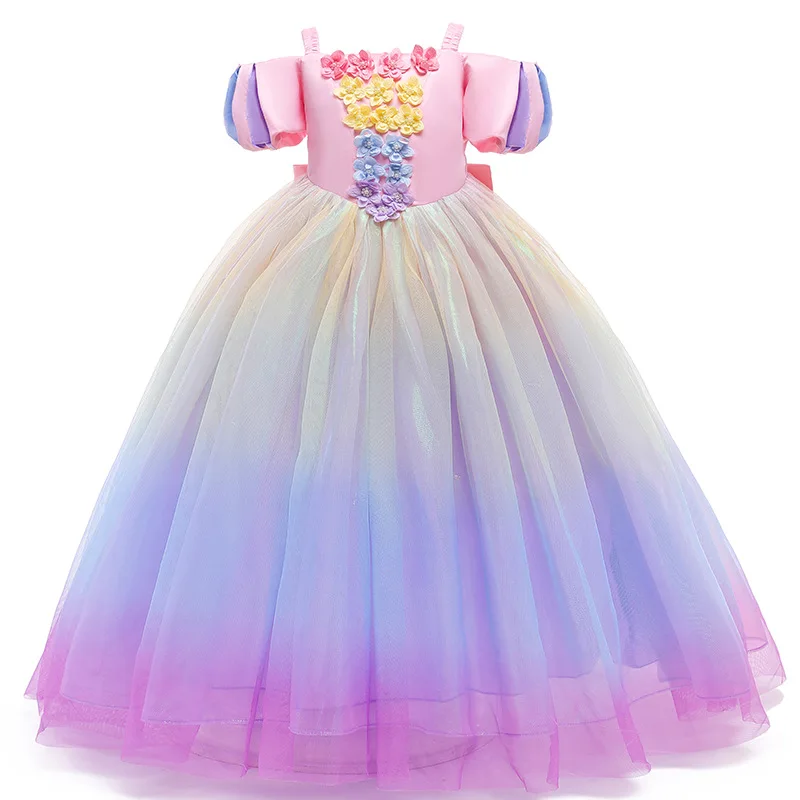 Vestido de ni&ntilde;a de flores, traje de fiesta de cumplea&ntilde;os, arco&iacute;ris, malla, Princesa, 3-10 a&ntilde;os, alta calidad, navidad-0