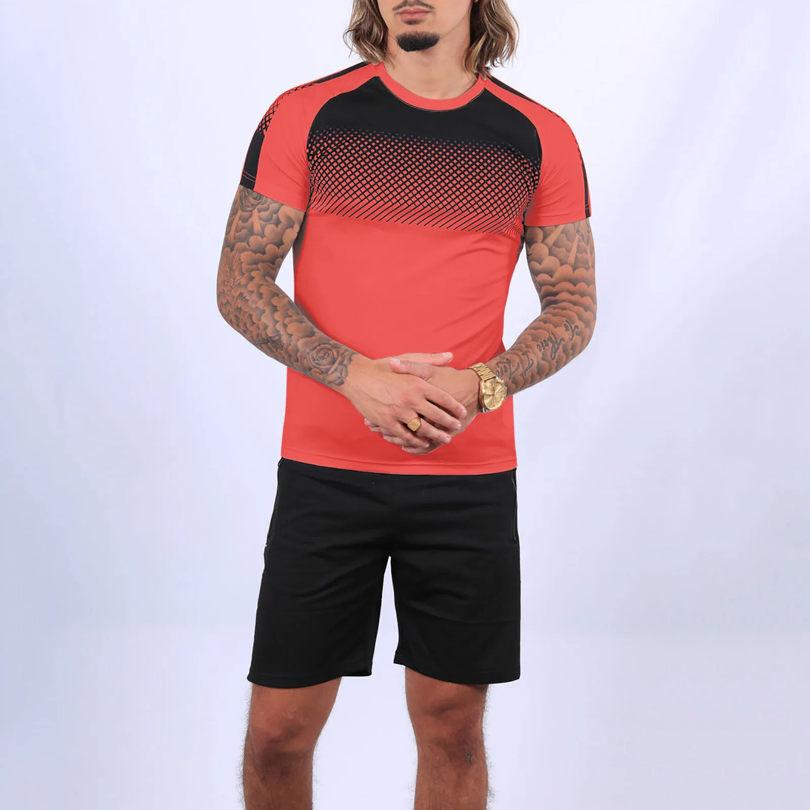

2021 Summer Short Sleeve Suit Men's Summer Color Matching Mesh Cross Ray Round Neck Short Sleeve Shorts Casual Sports Suit