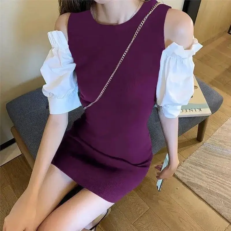

Puff sleeves o-neck patchwork dress women 2021 summer new fashion western light mature style preppy style knitted bodycon dress