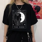 Женская футболка с принтом Луны и кота, футболка с рисунком Таро и карт, футболка с графическим принтом в виде полумесяца и кота, женская готическая футболка в стиле ретро с ведьмой