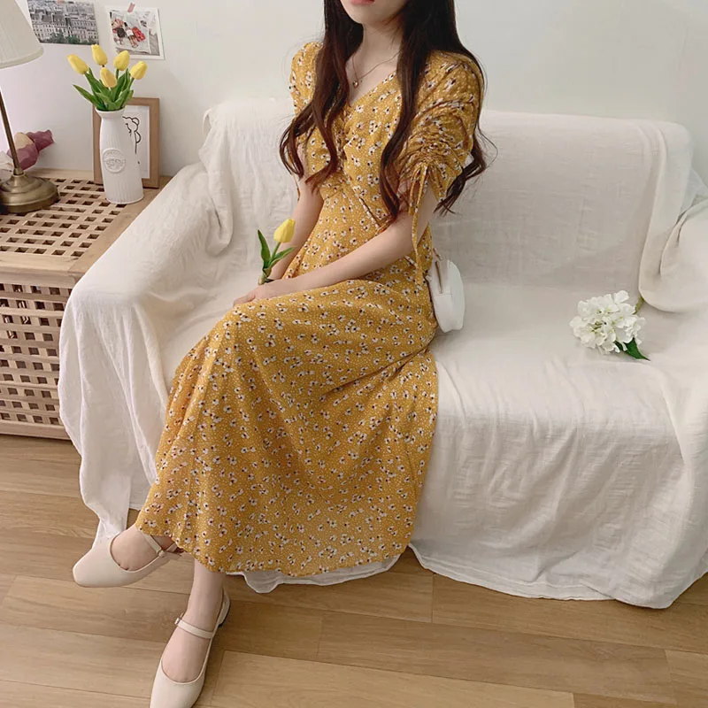 Vestido de verano de una pieza estilo coreano, informal, Vintage, de gasa, con cuello en V, Floral, 2021