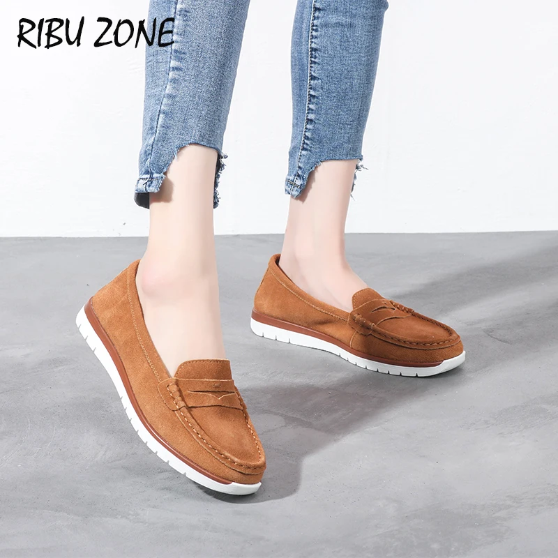 

RIBU ZONE 2019 Cow Suede Shoes Lady Loafers Slip On Genuine Leather Foldable Casual Shoes zapatos de mujer