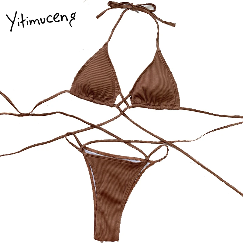 

Yitimuceng Lace-up 2 Piece Sets Womens Swimming Beach Bikini 2021 Summer Corset Bandage High Waist Swimsuit Bathing Suit Coffee