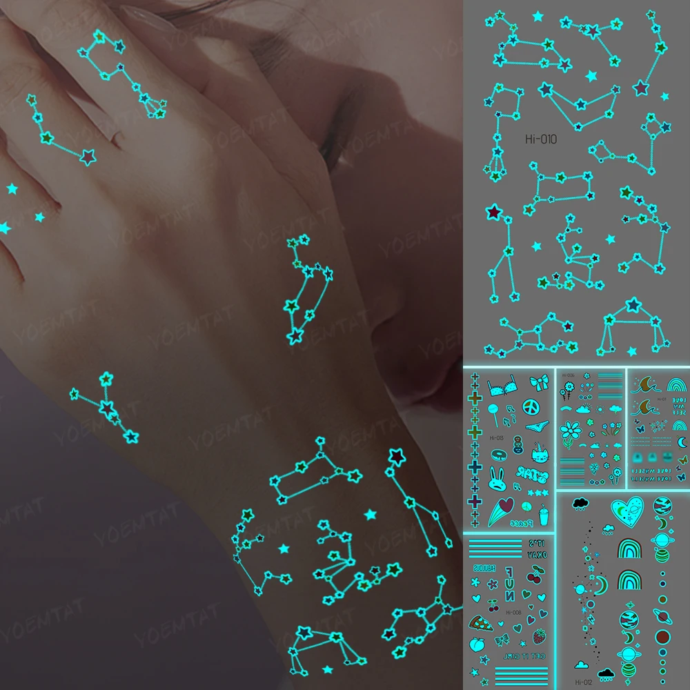

Светящиеся наклейки на шею, татуировка с временным блеском, Детская татуировка, созвездия, космос, радужные звезды, лицо, пальцы, тату, синее ...