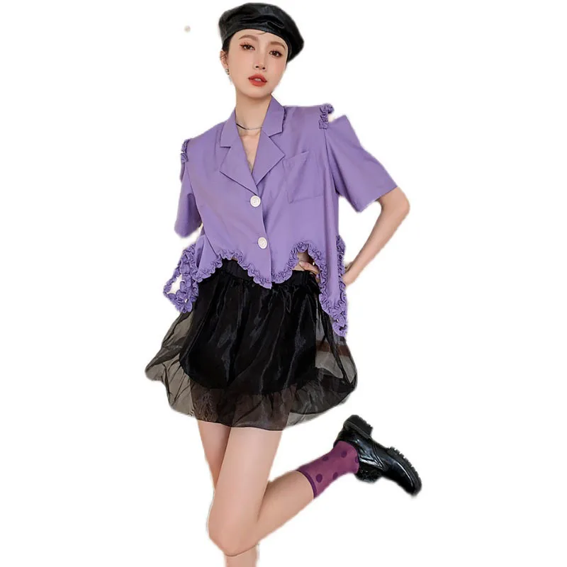 

LANMREM Women's Design Sense Minority Purple Lace Hollow Out Irregular Short Sleeve Shirt Summer 2021 New Arrivai 2K1933