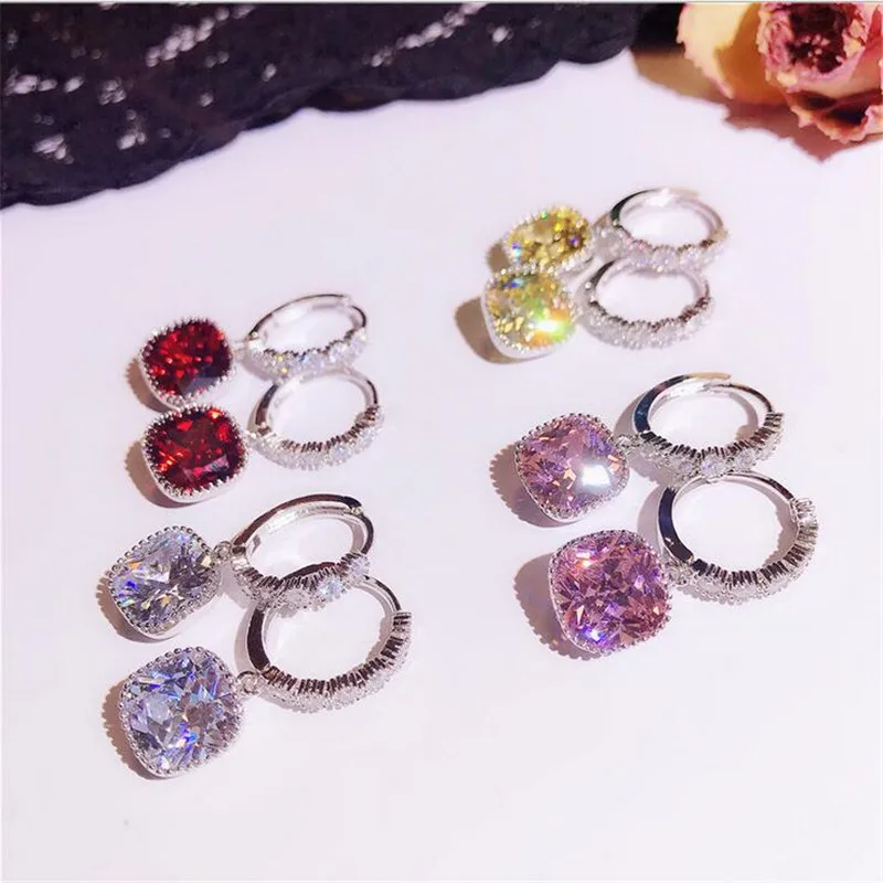 

Rulalei Hot Sale Luxury Jewelry 925 Sterling Silver Multi Color Cushion Cut AAAAA Cubic Zircon Women Wedding Dangle Earring Gift