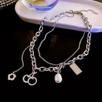 hip hop double cherry pearl titanium steel necklace female european and american fashion personality clavicle chain
