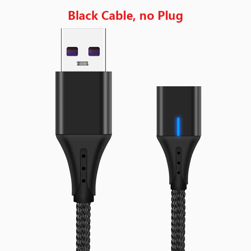 black cable no plug 5А Магнитный кабель Micro usb type C светодиодный супер быстрый зарядный кабель для iPhone samsung huawei Xiaomi Android телефонный кабель 1 м - Цвет: black cable no plug