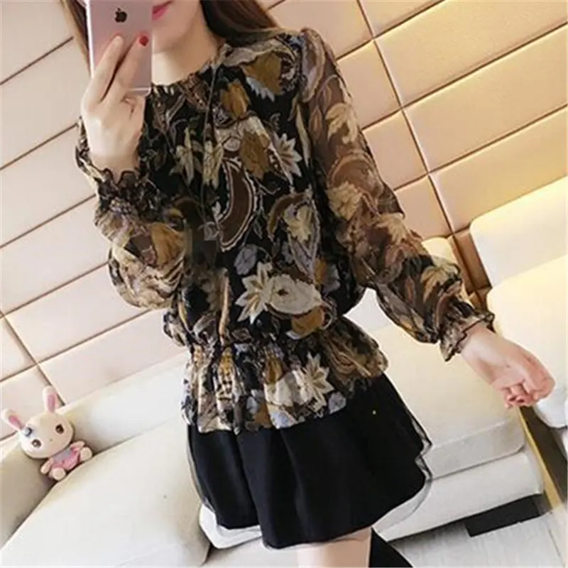 Женская блузка модная шифоновая офисная Свободная с цветочным рисунком
