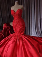 luxury arabic dubai red mermaid wedding dresses 2021 new lace beads trumpet bridal gowns royal train sweetheart robe de mariee