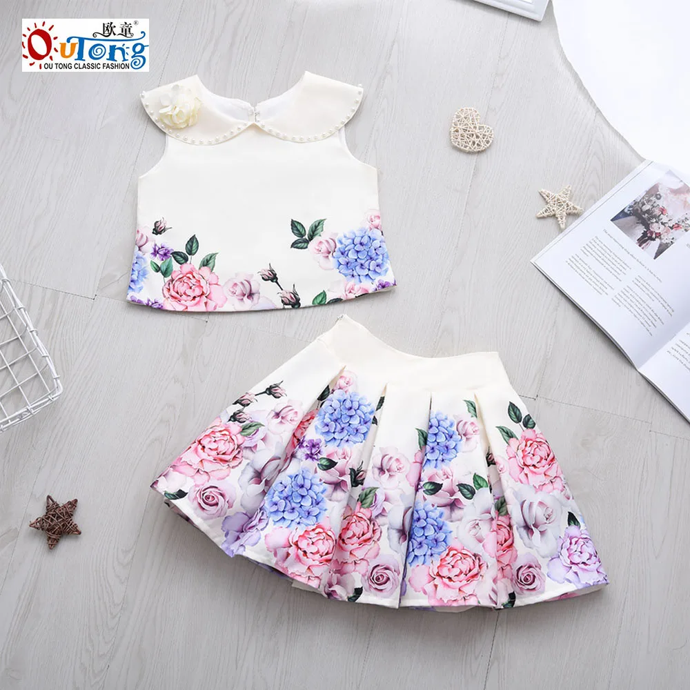 Outong-Conjuntos de vestidos para ni&ntilde;os, Camiseta con cuello vuelto, falda con estampado de flores para ni&ntilde;as de 4 a 10 a&ntilde;os, ropa informal de verano-2