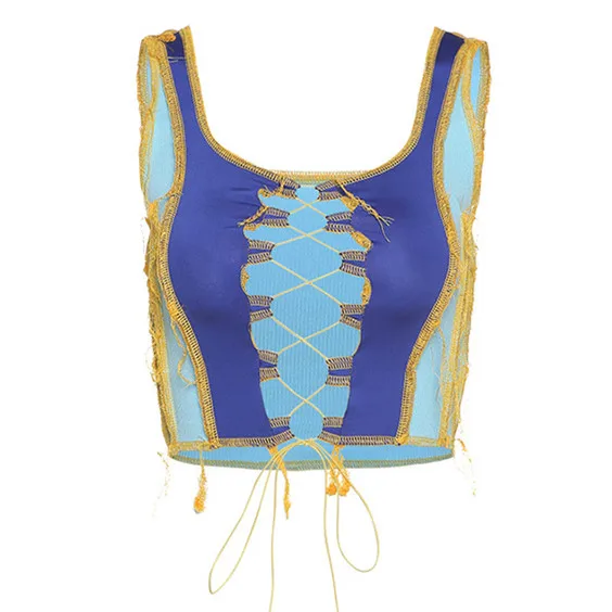 

high street knitting splicing casual tank top women sexy hollow out bandage crop tops summer 2020 club party wear vest female