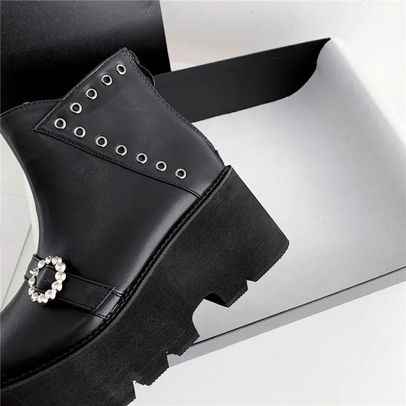 

YMECHIC Buttonhole Rhinestone Punk Ankle Platform Boots for Women Buckle Zipper Flat Heels Shoes Woman New Winter 2020 Black