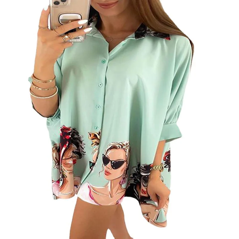 

Mandylandy Shirt Summer Fashion Single-Breasted Three Quarter Sleeve Shirt Women's Casual Printed Loose Turn-down Collar Shirt