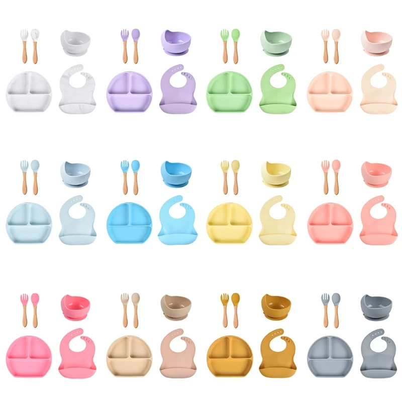 

5 Pcs Baby Silicone Bibs Divided Dinner Plate Sucker Bowl Spoon Fork Tableware 97BC
