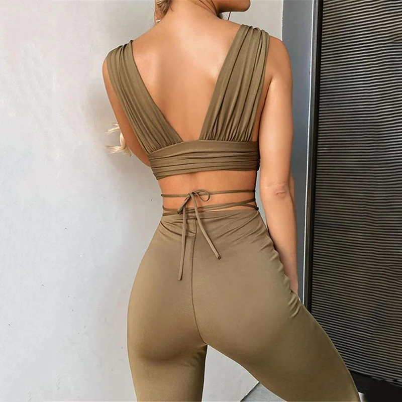 

Summer Women's Two Pieces Sets Solid Color Clubwear Sexy Deep V Crop Tank Tops+Lace-up High Waist Flared Pants Lady Outfits