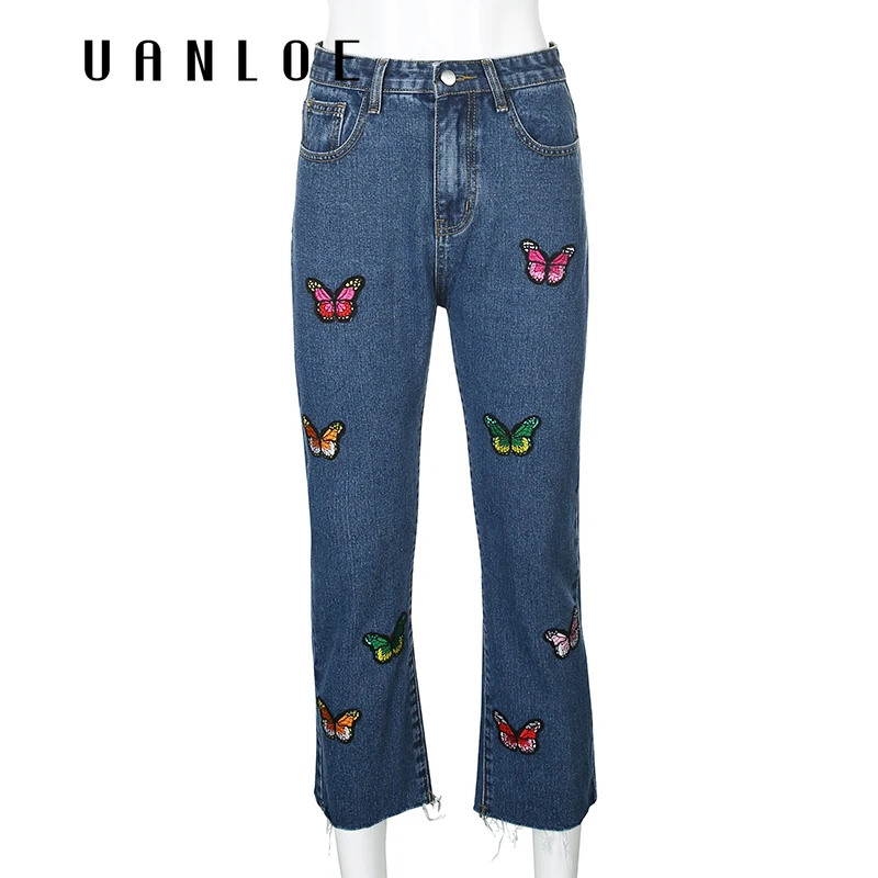 

Butterfly Embroidery Women's Jeans High Waist Streetwear Pants Young Ladies Europe Fashion Straight Summer Jeans