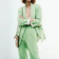 za women 2021 new fashion solid color flax open blazer coat vintage long sleeve flip pockets female outerwear chic