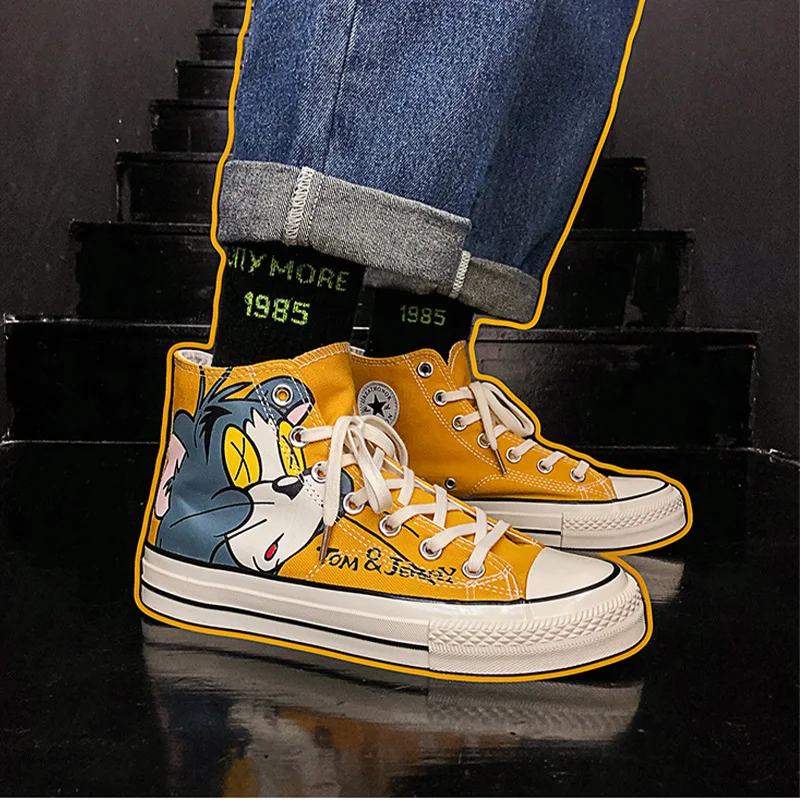 

Cat and mouse shoes graffiti high-top canvas shoes Korean version of the cartoon shoes shoes shoes fashion men's shoes