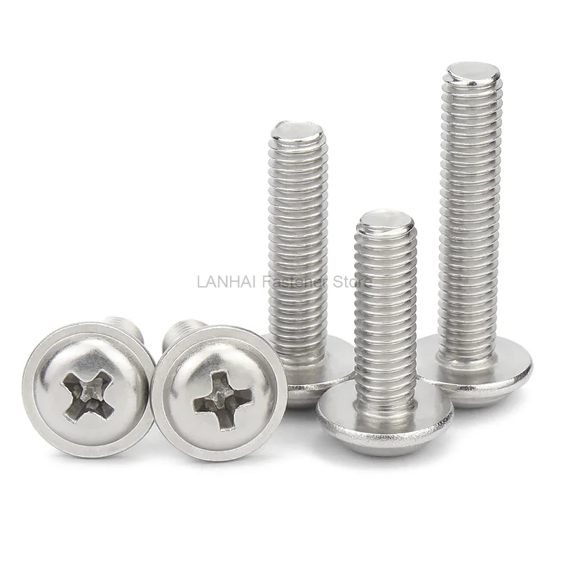 10/50pc M2 M2.5 M3 M4 304 A2 Stainless Steel PWM DIN967 Cross Phillips Pan Round Truss Head With Washer Padded Collar Screw Bolt