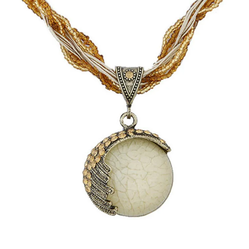 

Fashion Bohemian ethnic style moon boutique turquoise multi-layer rice beads retro hand-woven necklace women