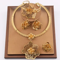 dubai gold color jewelry sets for women necklace african flower shape jewelry nigerian bridal wedding costume bracelet ring set