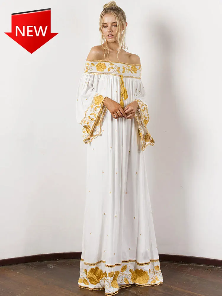 

one-word collar dress retro embroidered ethnic style Nepal long dress loose oversize dress Summer new Bohemian beach seaside