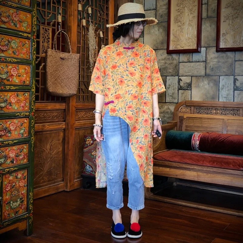 QPFJQD 2021 лето осень с цветочным принтом рубашки из рами и топы воротником Мандарин