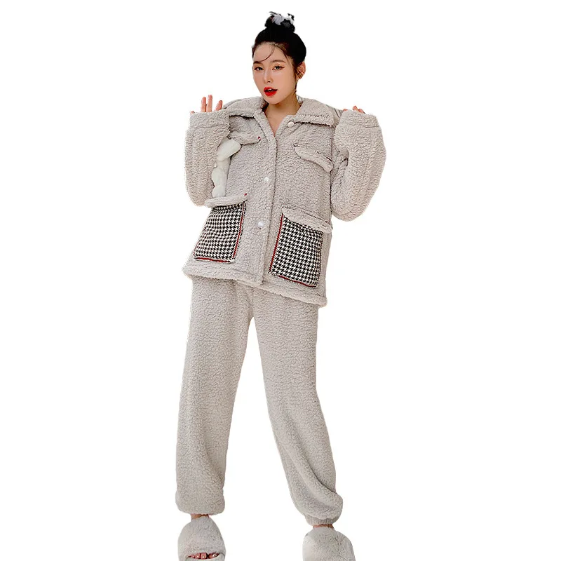 Women Nightwear Pajama Set Cute Korean Pajamas Plush Turn Down Collar 2 Piece Pajama Set Women Thick Button Up Pajama Set