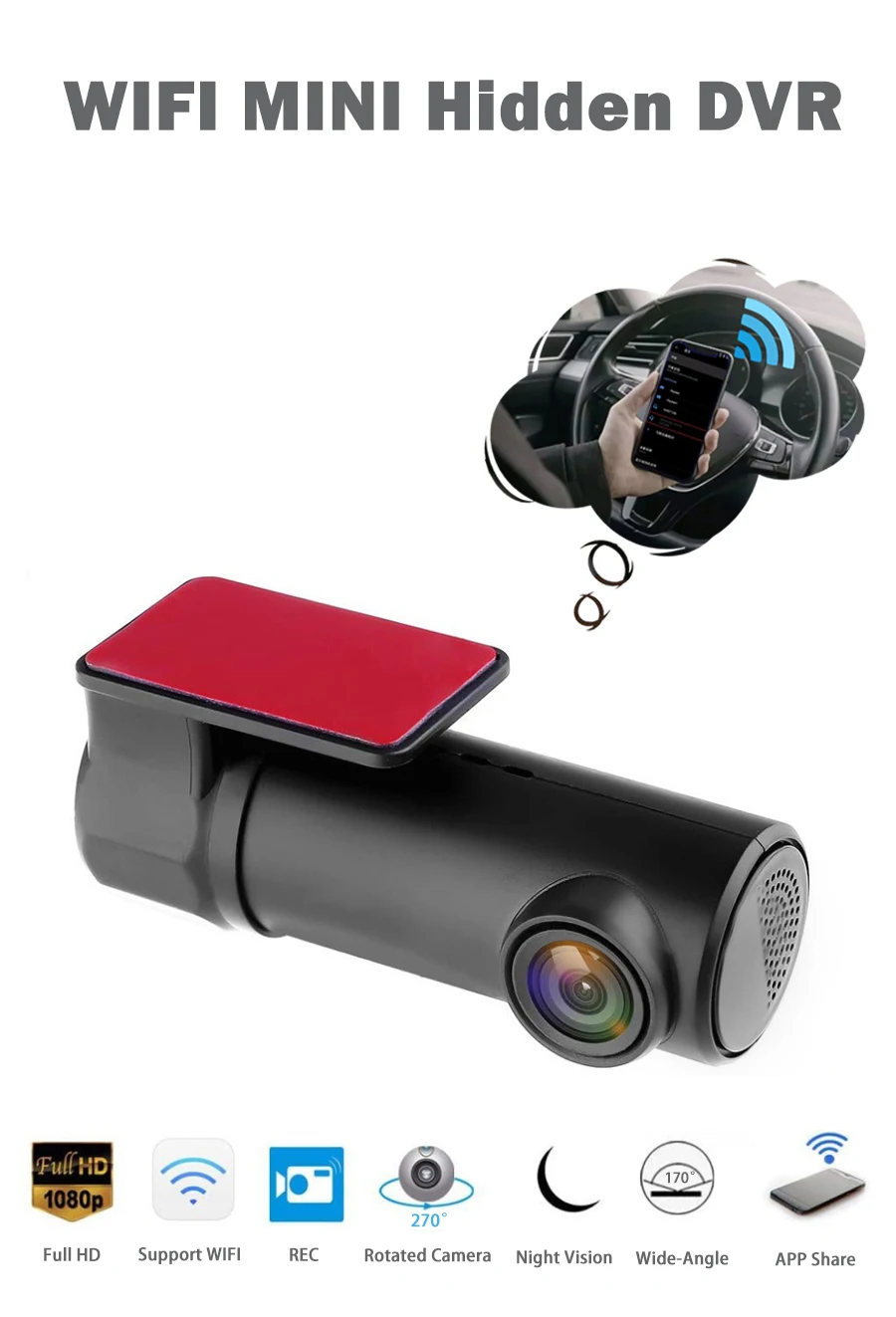 저렴한 미니 1080P 풀 HD 차량 카메라, 자동차 DVR 대시 캠 와이파이 170 도 무선 휴대 전화 연결 캠코더 자동 등록기