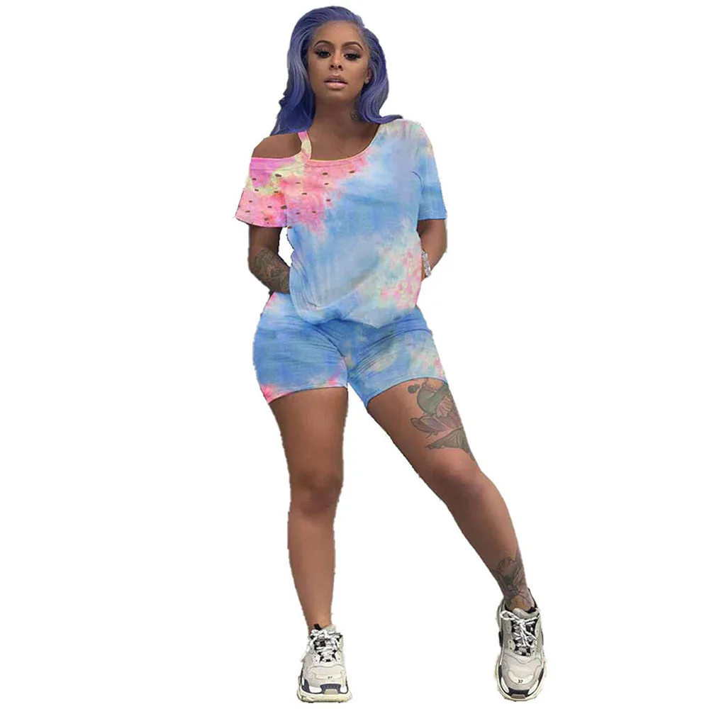 

2021 Tie-dyeing Print Two Piece Sweatsuit Women's Costumes Off Shoulder Short Sleeve Hole Loose Top and Biker Short Club Outfits