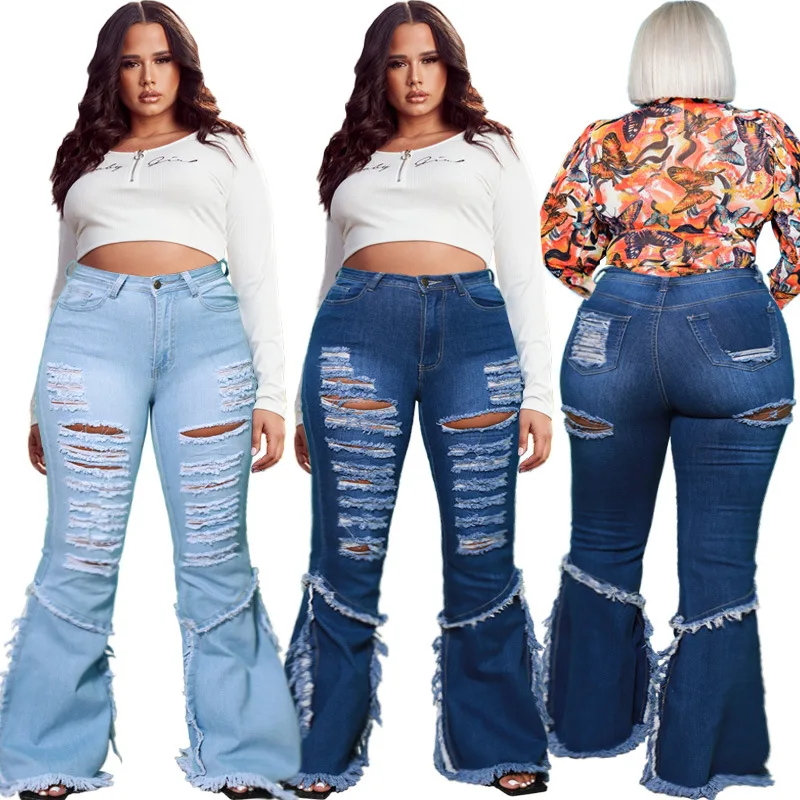 

Bell-Bottomed Denim Pant 2021 Autumn Hottest Plus Size Streetwear High Waist Hollow Out Light Washed Tassels Ripped Flared Jeans