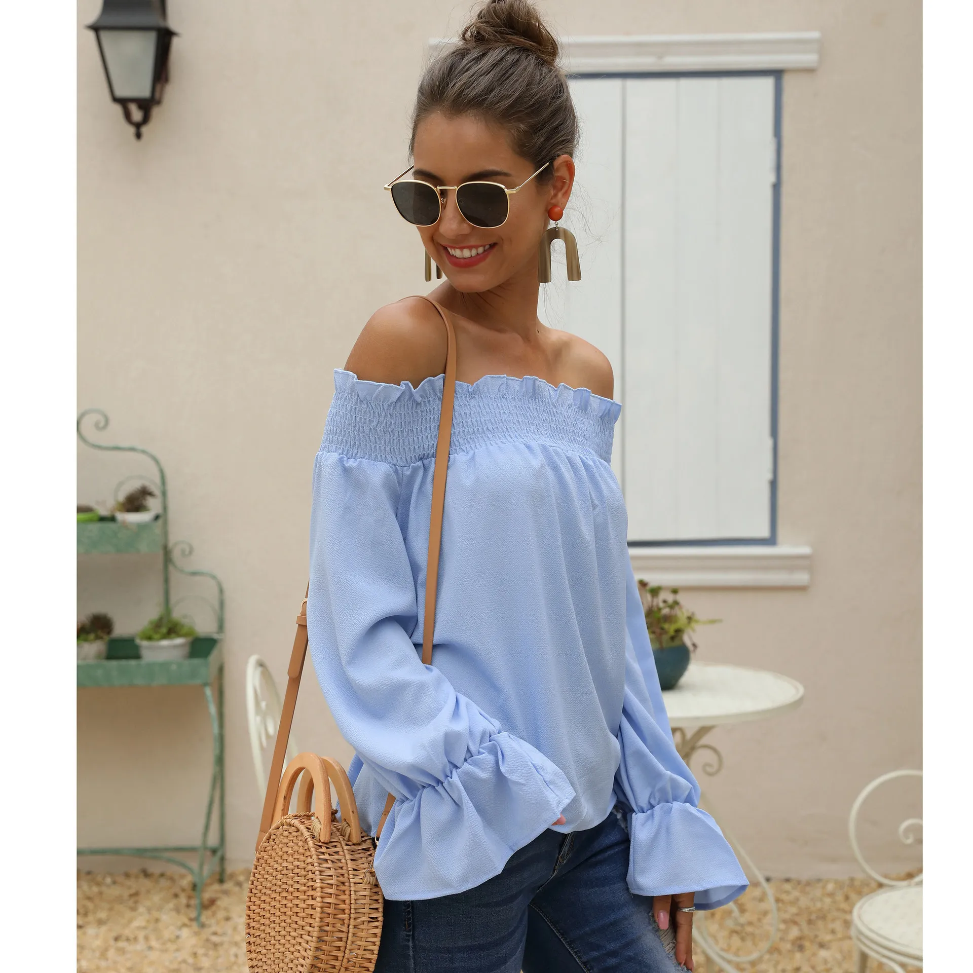 

Modern Blue Plus Size Top Mujer Slash Neck Woman Tshirts Feminina Loose Waist Long Sleeve Tees Casual Folds Elastic Women Shirts