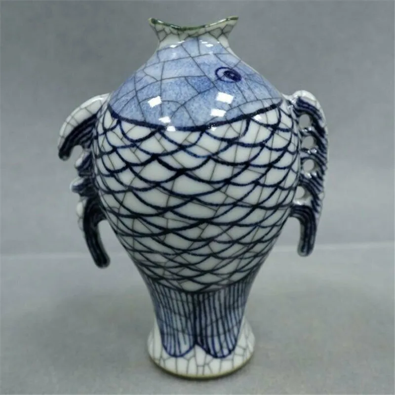 Azul e Branco em Forma de Peixe Porcelana Antiga Rachado Esmalte Aberto Vaso