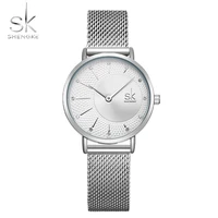 shengke women silver quartz watch for female top luxury brand quartz watch womens mesh band fashion reloj mujer 2022 new clock