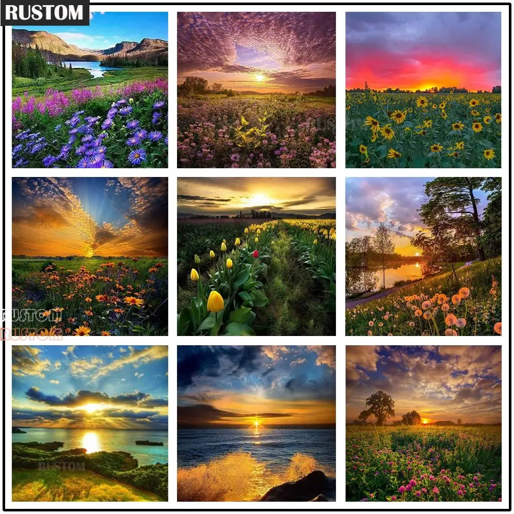 

5D Diamond Embroidery Cross Stitch Sunset Flower Landscape Diamond Painting Full Square/Round DIY Mosaic Home Decor Picture RUST