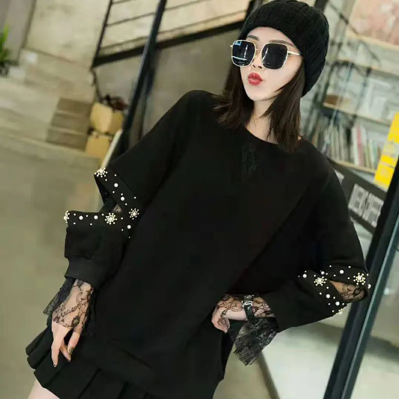 MUMUZI Large size 3XL women's black long-sleeved sweatshirts lace stitching large loose beading jackets style tops | Женская одежда