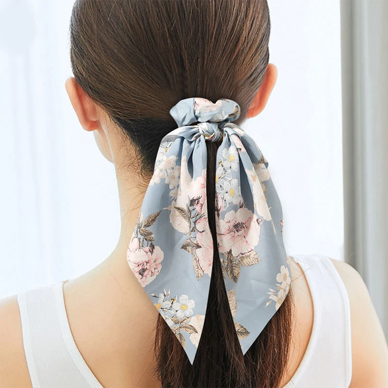 Boho Streamers Ponytail Hair Ring Scrunchie Striped Peony Flower Dandelion Print Ties Scarf Women Hairband Accessories |