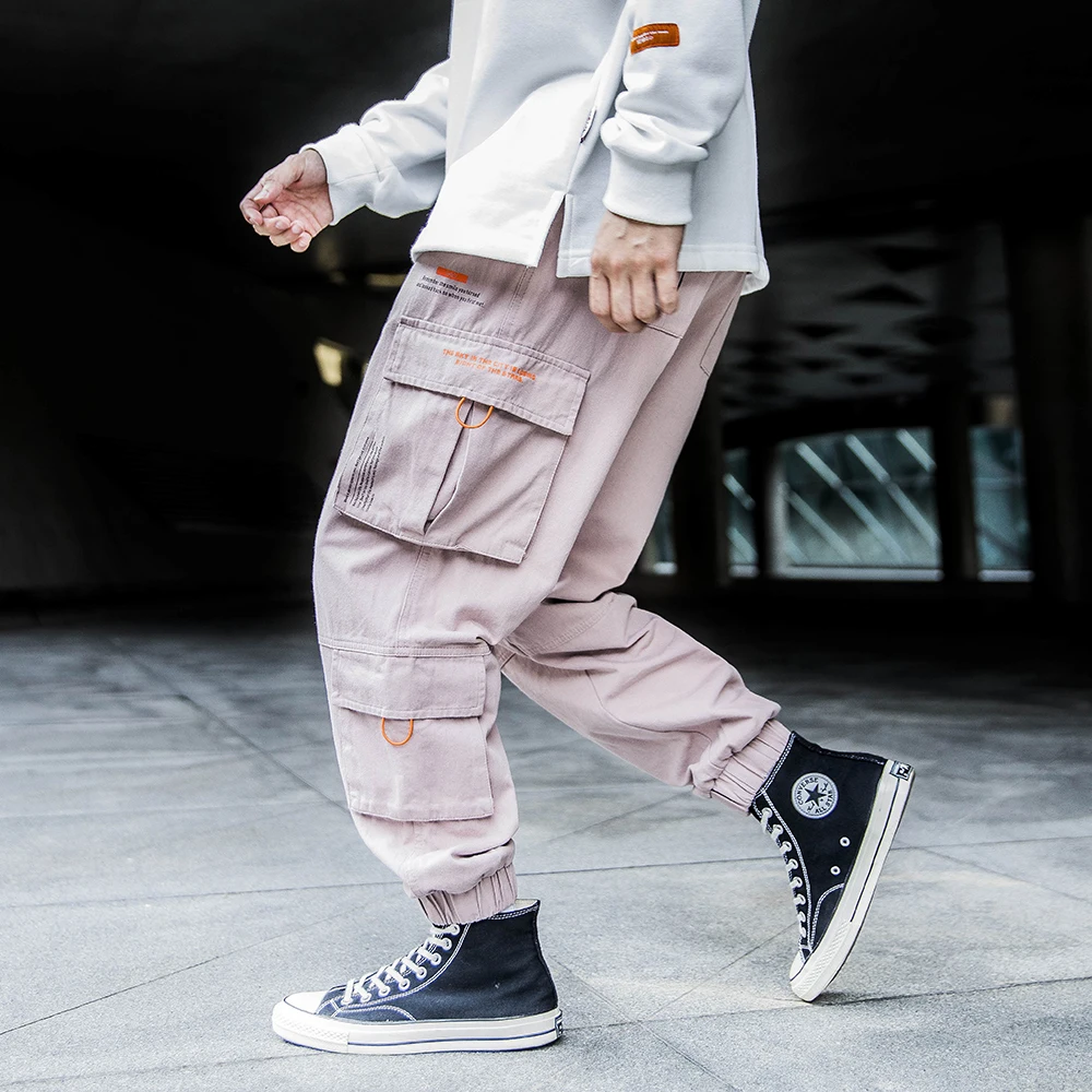 Брюки карго мужские с карманами уличная одежда в стиле пэчворк розовые хип хоп