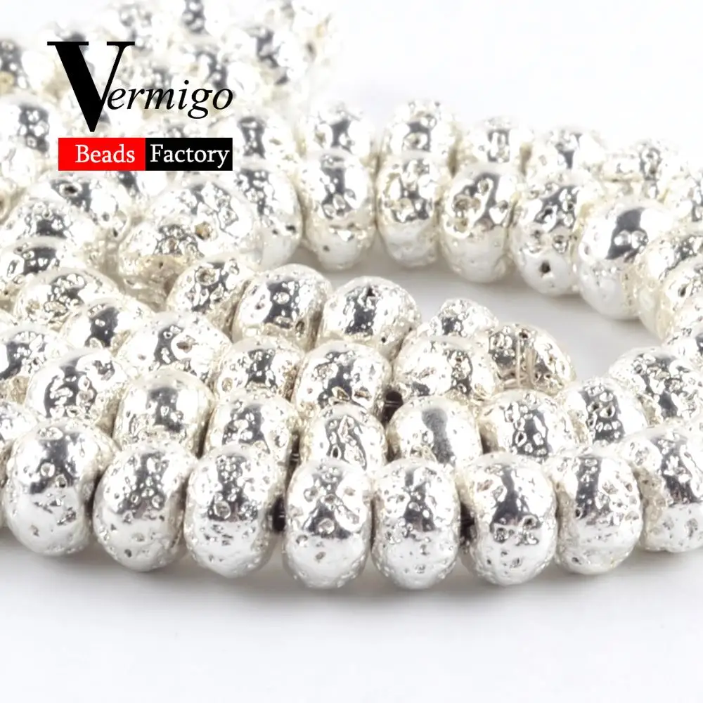 Бусины-гематиты Rondelle с натуральным посеребренным лавовым камнем для