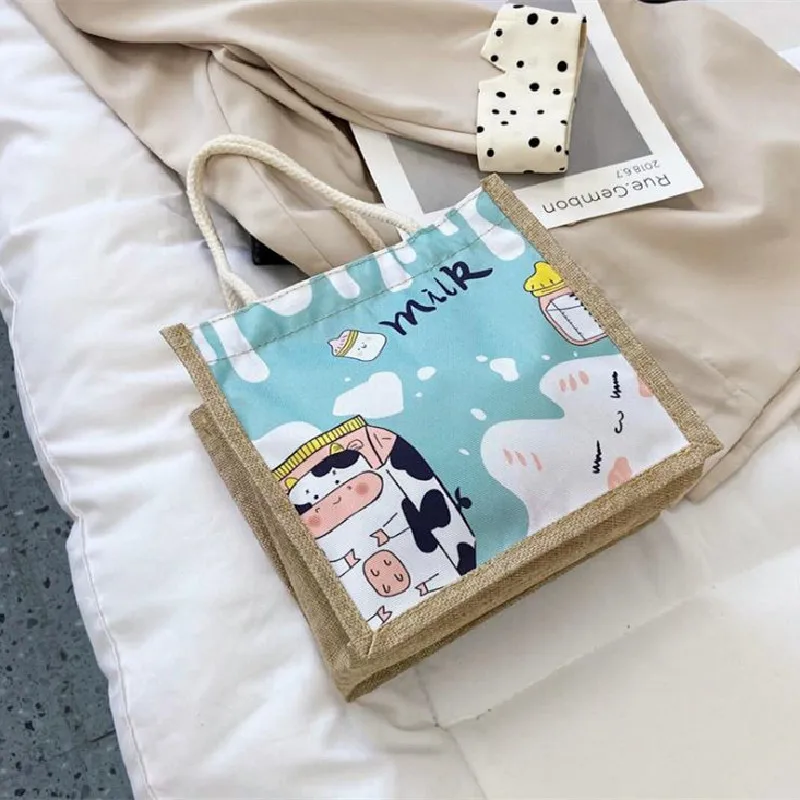 

Fashion Small Square Bag New Large Capacity Cloth Bag Contracted Cartoon Student Linen Bag Personality Printed Small Square Bag
