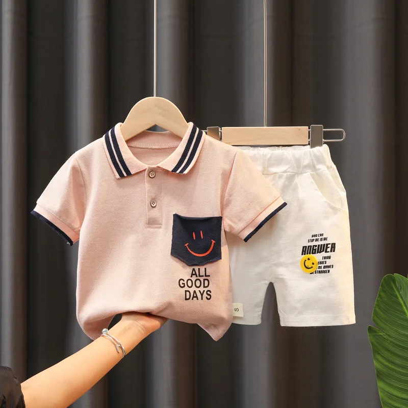 

2022 Summer Boy Short Sleeve Set Handsome Baby Boy Celebrity C Smiling Face Embroidery Children Tops + Shorts Suits Kid Clothes