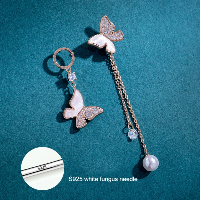 

Korean Retro S925 Sterling Silver Asymmetric Butterfly Imitation Pearl Earrings Fashion Long Statement Wings Earrings Jewelry