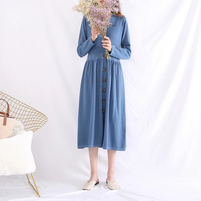 JECH 2019 весна осень кашемировое шерстяное платье с расклешенными пуговицами