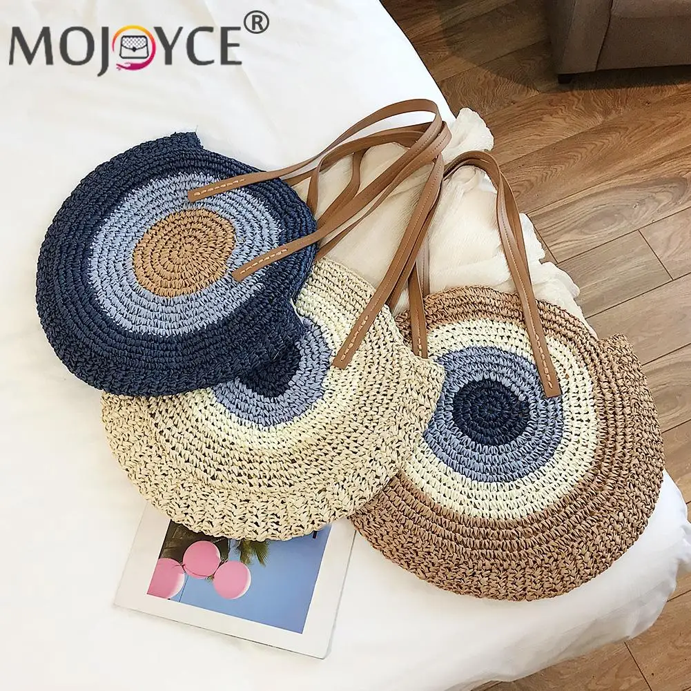 

Portable Color Splicing Handmade Woven Handbags Women Summer Round Straw Rattan Shoulder Bag Portable Beach Travel Pouch